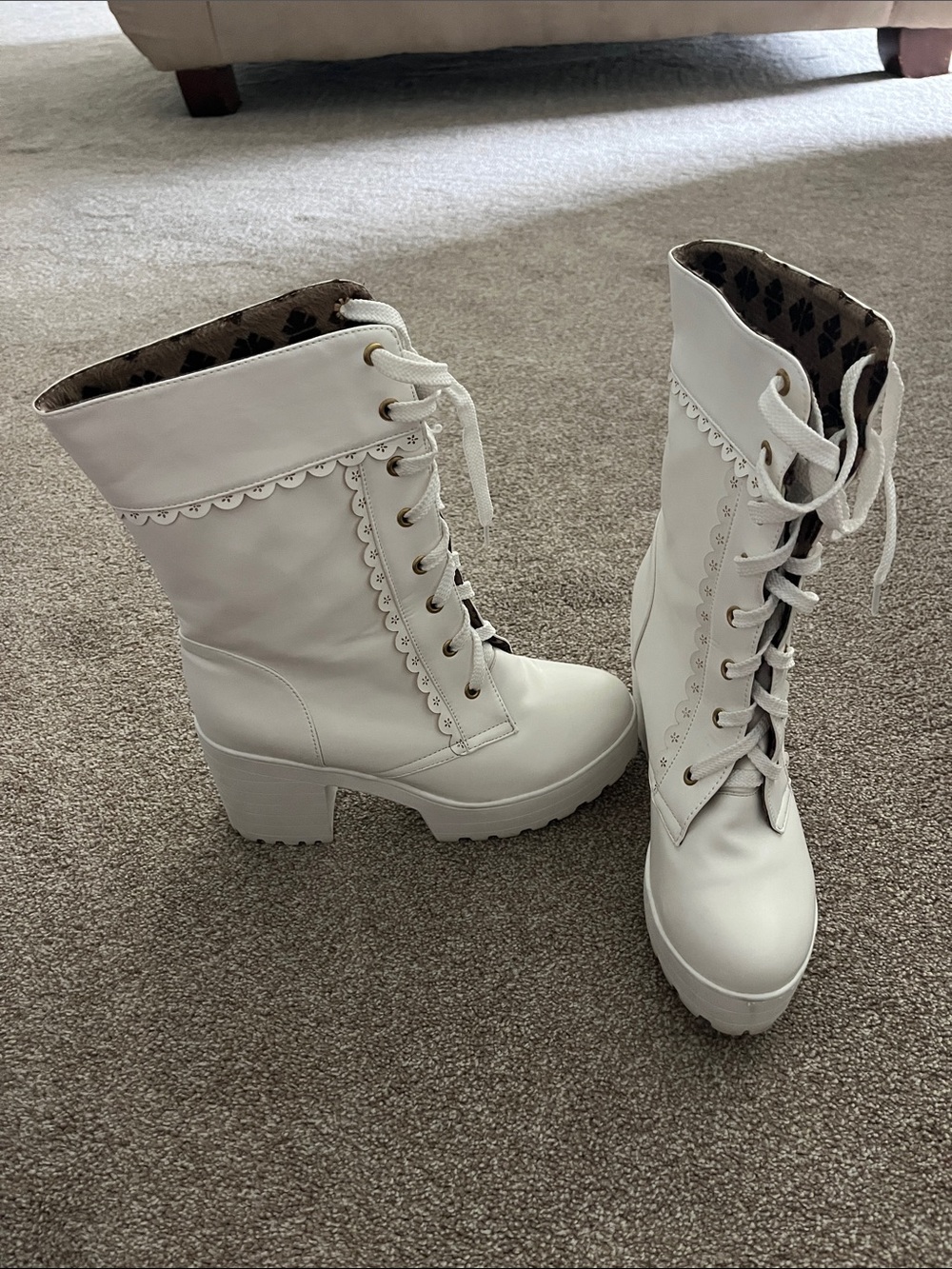 SHEIN White Lace-Up Scalloped Platform Mid-Calf Boots